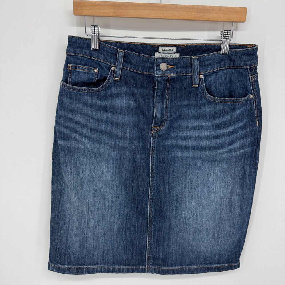LL Bean Denim Skirt Women 8 Favorite Fit Dark Wash Stretch Classic Preppy